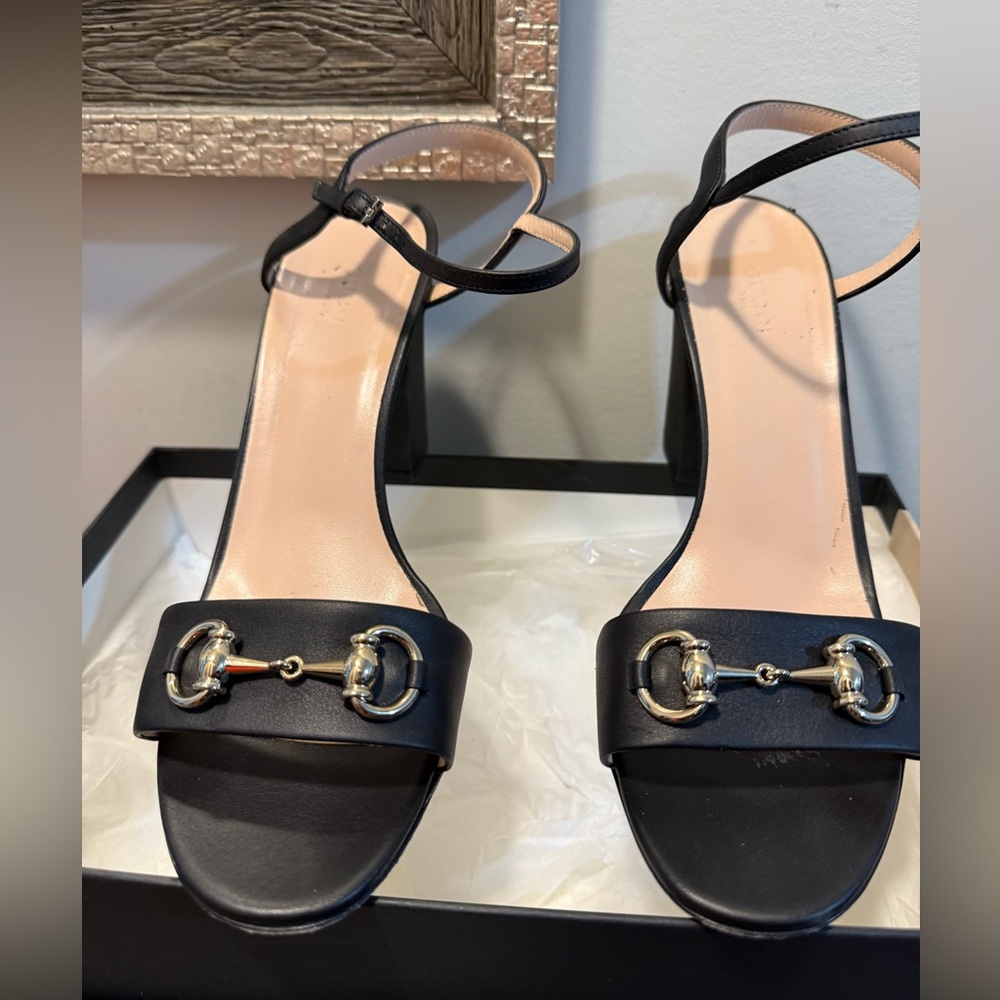 Gucci Black Heeled Sandals with Gold Horsebit accent - Picture 2 of 11